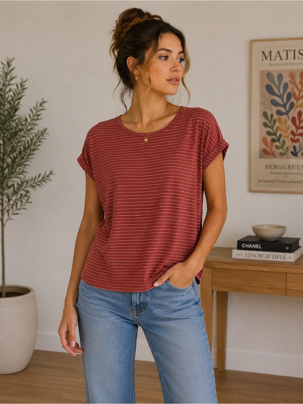 Vero Moda Red Boxy Relaxed Cap Sleeve T-Shirt Women’s S Casual Summer